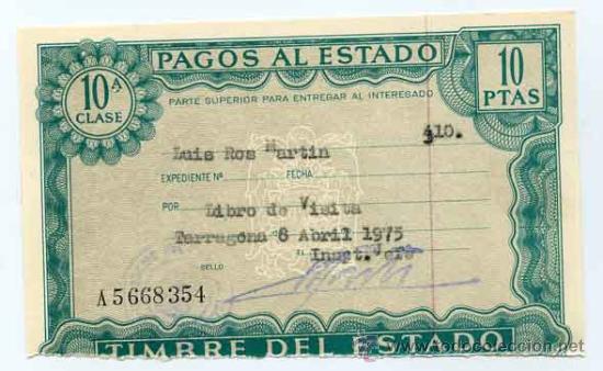 Coleccionismo: Timbre del estado 10 pts. - Pagos al estado, por libro de visita - a&ntilde;o 1975 Tarragona