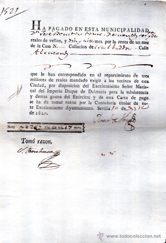 Coleccionismo: RECIBO PAGO DE 262 REALES DE VELL&Oacute;N POR LA RENTA DE UN MES. AYUNTAMIENTO SEVILLA 1810