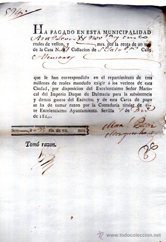 Coleccionismo: RECIBO PAGO DE 95 REALES DE VELL&Oacute;N POR LA RENTA DE UN MES. AYUNTAMIENTO SEVILLA 1810