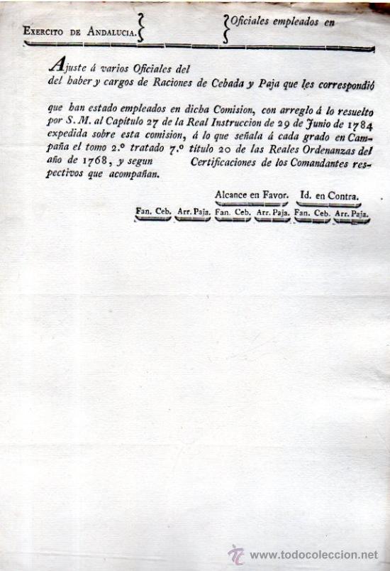 Coleccionismo: AJUSTE A OFICIALES DE HABER Y CARGOS DE RACIONES DE CEBADA Y PAJA, EJ&Eacute;RCITO ANDALUC&Iacute;A, 1768