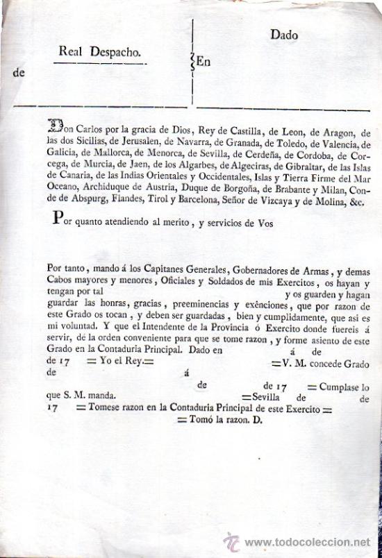 Coleccionismo: FORMATO DEL REAL DESPACHO DE CARLOS III DE CONCESI&Oacute;N DE GRADO, SEVILLA 17??