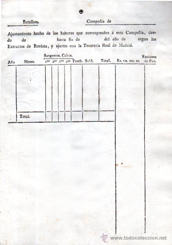 Coleccionismo: FORMULARIO, BATALL&Oacute;N, COMPA&Ntilde;&Iacute;A, AJUSTAMIENTO DE HABERES CON LA TESORER&Iacute;A DE MADRID. CARLOS III