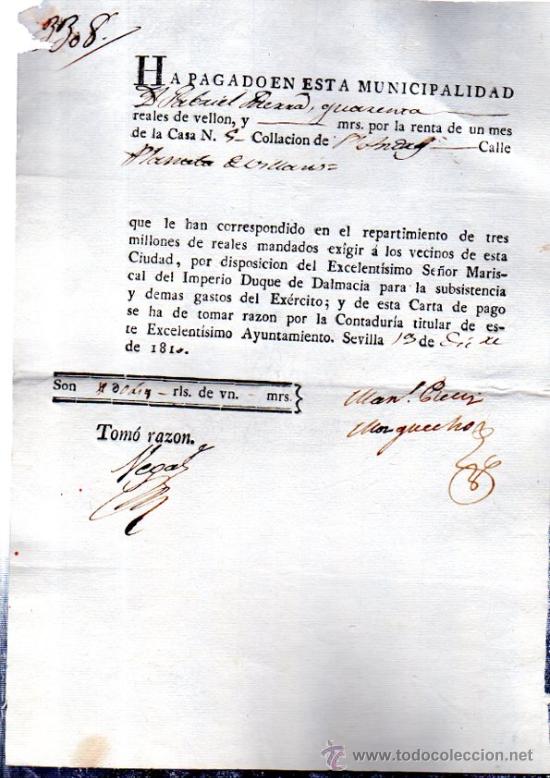 Coleccionismo: RECIBO PAGO EN REALES DE VELL&Oacute;N POR LA RENTA DE UN MES. AYUNTAMIENTO SEVILLA 1810