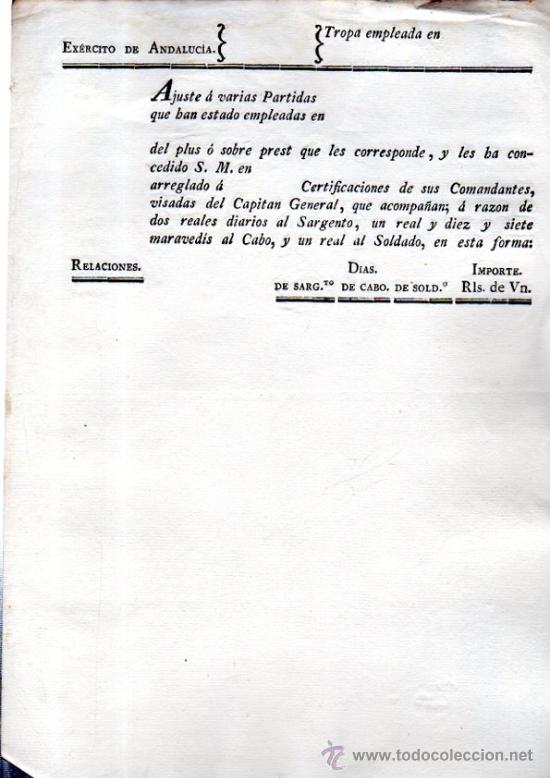 Coleccionismo: FORMULARIO, EJ&Eacute;RCITO DE ANDALUC&Iacute;A, AJUSTE A VARIAS PARTIDAS DEL PLUS CONCEDIDO POR S.M.CARLOS III