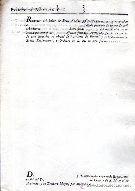 Coleccionismo: FORMULARIO, EJ&Eacute;RCITO DE ANDALUC&Iacute;A, RESUMEN DEL HABER CONCEDIDO POR S.M., RECIB&Iacute;