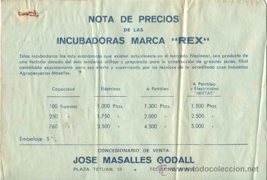 Collectionnisme: Hoja de precios incubadoras Rex - concesionario, Jose Masalles Godall - Barcelona