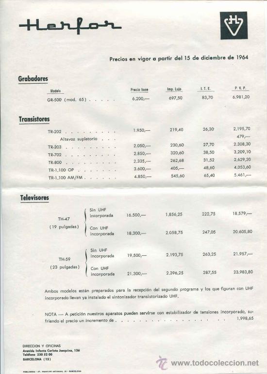 Coleccionismo: Hoja de precios aparatos Herfor a&ntilde;o 1964