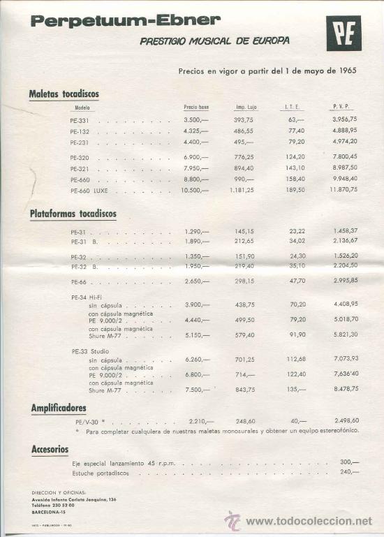 Coleccionismo: Hoja de precios Perpetuum Ebner - a&ntilde;o 1965