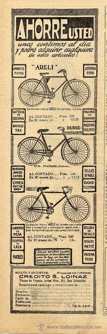 Coleccionismo: CICLISMO 1927 BICICLETAS ARELI SAN SEBASTIAN RETAL HOJA REVOISTA