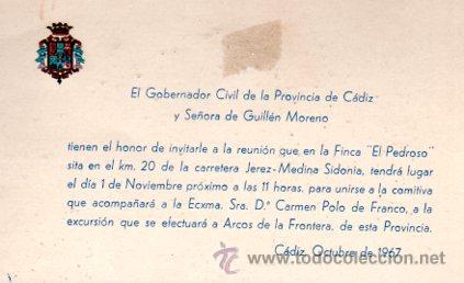 Collecting paper: INVITACI&Oacute;N DEL GOBERNADOR CIVIL DE LA PROVINCIA EN HONOR DE CARMEN POLO DE FRANCO, ARCOS, 1967