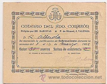 Coleccionismo: Valencia: calificaci&oacute;n del colegio del Sagrado Coraz&oacute;n. 1925