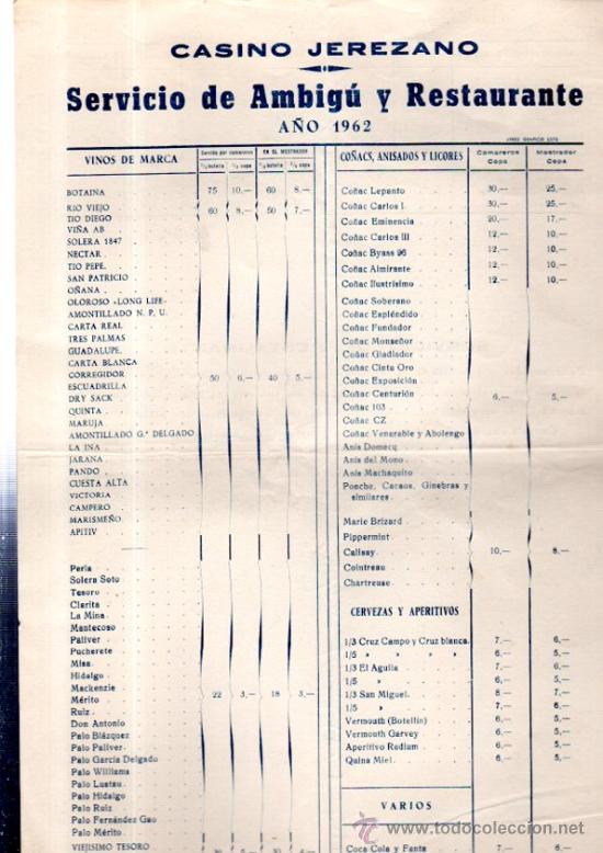 Collecting paper: CASINO JEREZANO, SERVICIO DE AMBIG&Uacute; Y RESTAURANTE, A&Ntilde;O 1962, TARIFA PRECIOS, EL RESBALADERO
