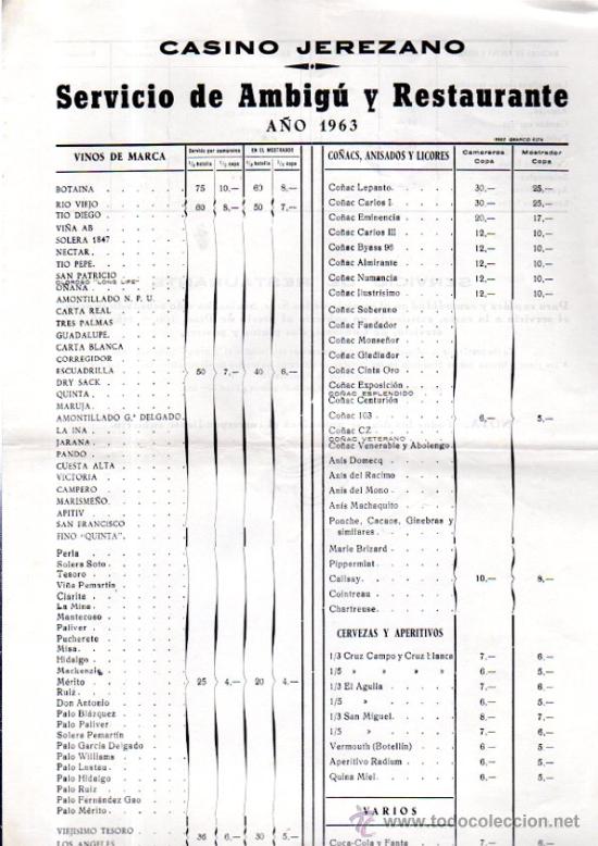 Collecting paper: CASINO JEREZANO, SERVICIO DE AMBIG&Uacute; Y RESTAURANTE, A&Ntilde;O 1963, TARIFA PRECIOS, EL RESBALADERO