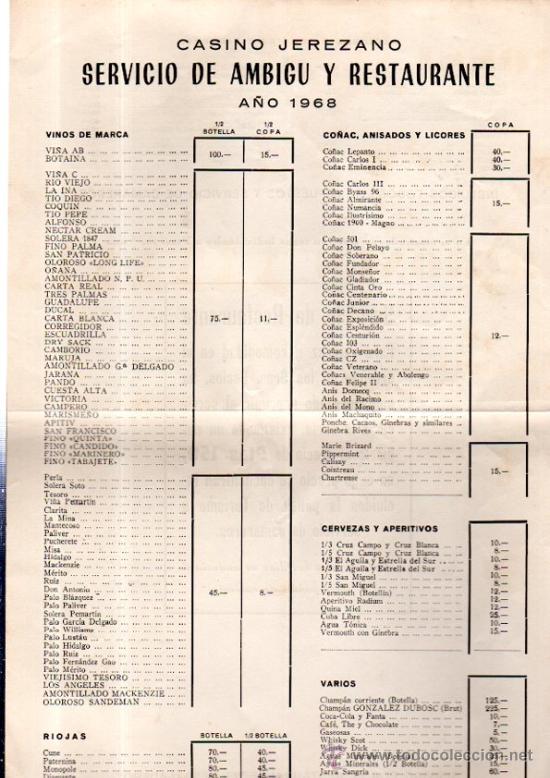 Collecting paper: CASINO JEREZANO, SERVICIO DE AMBIG&Uacute; Y RESTAURANTE, A&Ntilde;O 1968, TARIFA PRECIOS, EL RESBALADERO