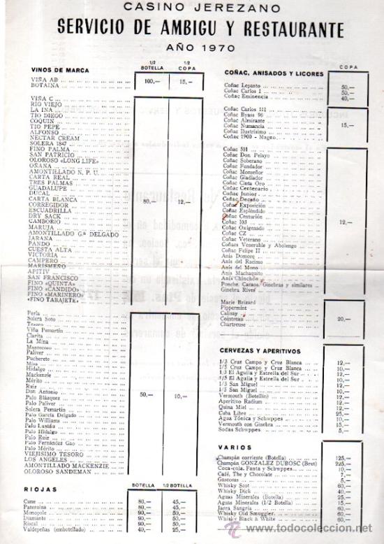 Collecting paper: CASINO JEREZANO, SERVICIO DE AMBIG&Uacute; Y RESTAURANTE, A&Ntilde;O 1968, TARIFA PRECIOS, EL RESBALADERO