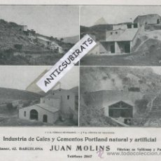 Coleccionismo: HOJA PUBLICITARIA.AÑO 1915.JUAN MOLINS.CALES Y CEMENTOS PORTLAND.FABRICA DE PALLEJA.VALLIRANA.