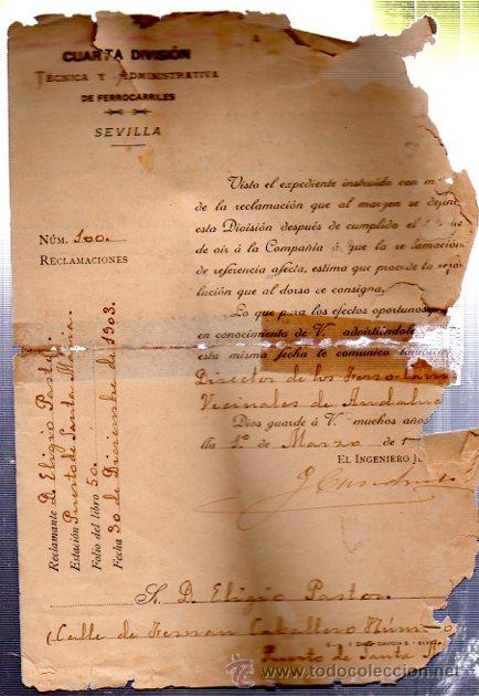 Collecting paper: HOJA DE RECLAMACI&Oacute;N A LA CUARTA DIVISI&Oacute;N DE FERROCARRILES DE SEVILLA, MARZO 1904