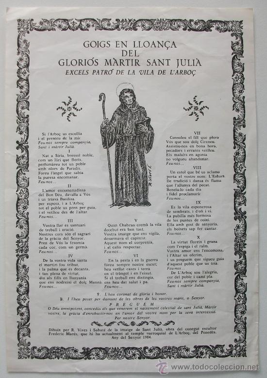 Coleccionismo: L'ARBO&Ccedil; (BAIX PENED&Egrave;S) GOIGS A SANT JULI&Agrave;, PATR&Oacute; DE LA VILA