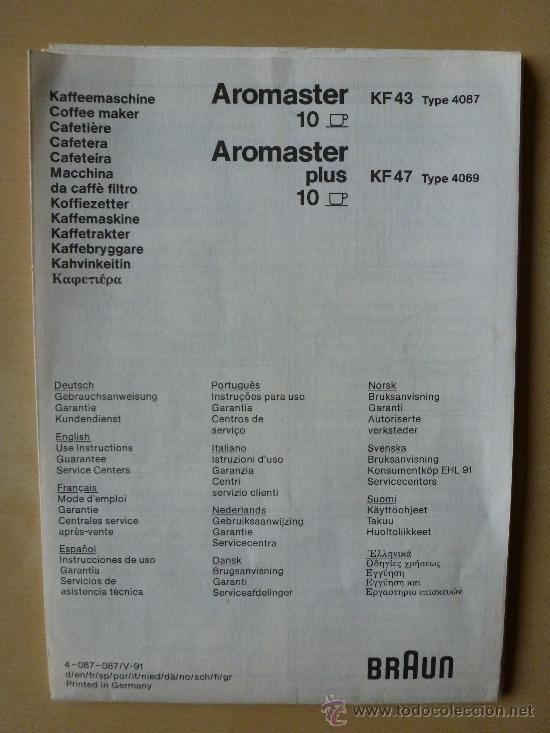 Coleccionismo: Instrucciones cafetera Aromaster KF Braun - Foto 1