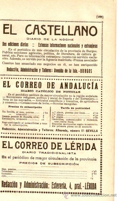 Colecionismo: PUBLICIDAD.A&Ntilde;O1919.PRENSA.EL CASTELLANO.CORREO ANDALUCIA.CORREO LERIDA.CIENCIA TOMISTA.CIUDAD DIOS.