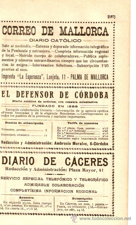 Colecionismo: RECORTE PUBLICIDAD.A&Ntilde;O 1919.CORREO DE MALLORCA.DEFENSOR DE CORDOBA.DIARIO CACERES.EL DEBATE.MADRID.