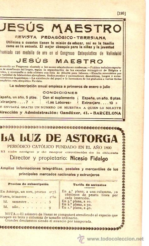 Colecionismo: PUBLICIDAD.A&Ntilde;O1919.PRENSA.JESUS MAESTRO.LA LUZ DE ASTORGA.TUY. LA INTEGRIDAD.MONASTERIO DE GUADALUPE