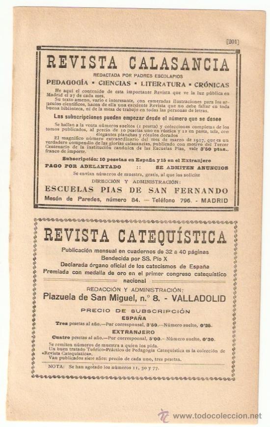 Collezionismo: RECORTE PUBLICIDAD.A&Ntilde;O 1919.REVISTA CALASANCIA.CATEQUISTICA.ECLESIASTICA.REVISTA POPULAR.CLERO.PRENS