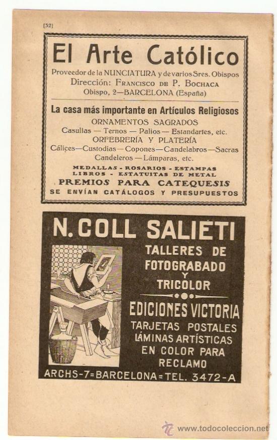 Colecionismo: RECORTE PUBLICIDAD.A&Ntilde;O 1919.EL ARTE CATOLICO.FOTOGRABADO COLL SALIETI,BCN.ARTICULOS RELIGISOS.