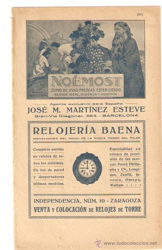 Colecionismo: RECORTE PUBLICIDAD.A&Ntilde;O 1919.NOEMOST.ZUMO UVAS.JOS&Eacute; MARTINEZ ESTEVE.RELOJERIA BAENA.ZARAGOZA