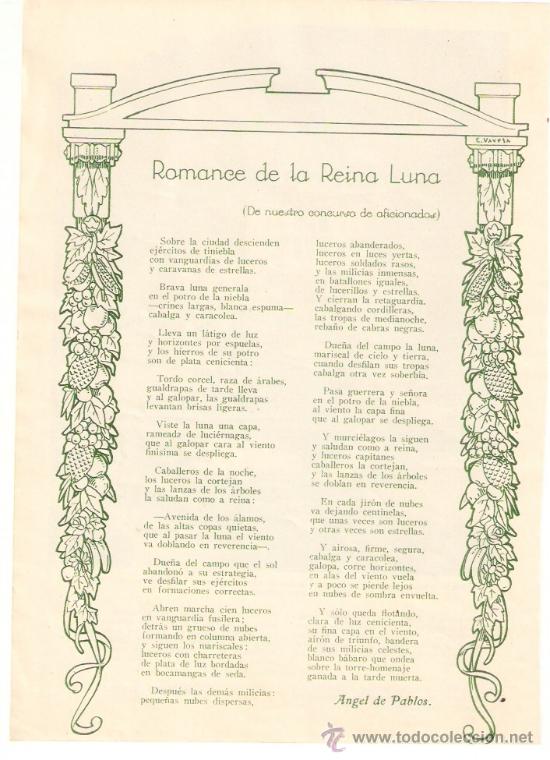 Colecionismo: RECORTE PRENSA.A&Ntilde;O 1936.ANGEL DE PABLOS.ROMANCE DE LA REINA LUNA.POESIA.CONCURSO POESIA.