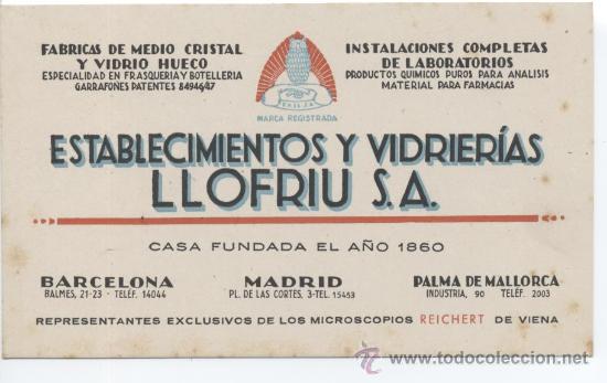 Coleccionismo: Establecimiento y Vidrier&iacute;as Llofrius. Cristal, vidrio.  Barcelona, Madrid, Palma de Mallorca.