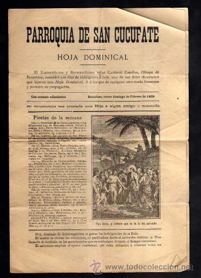 Coleccionismo: Parroquia de San Cucufate. Hoja Dominical. Con censura eclesi&aacute;stica. Barcelona 1909.