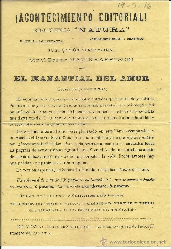 Coleccionismo: ANTIGUO PROSPECTO EL LIBRO EL MANANTIAL DEL AMOR (TEORIA DE LA FECUNDIDAD),