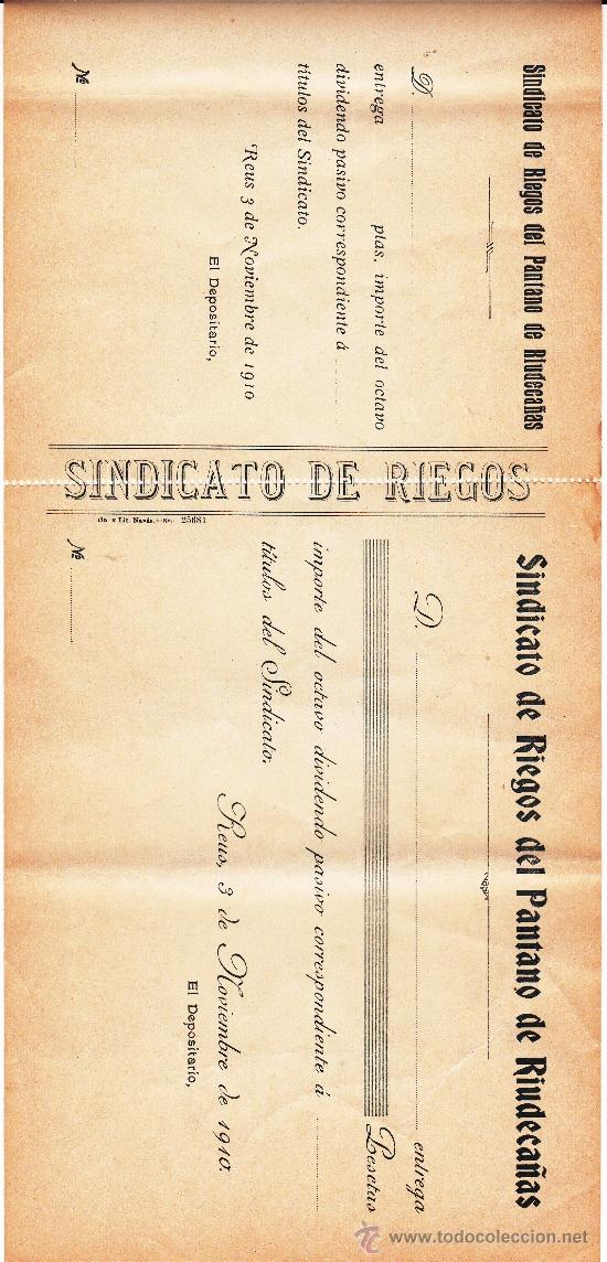 Coleccionismo: Sindicato Riegos Pantano Riudeca&ntilde;as 1910