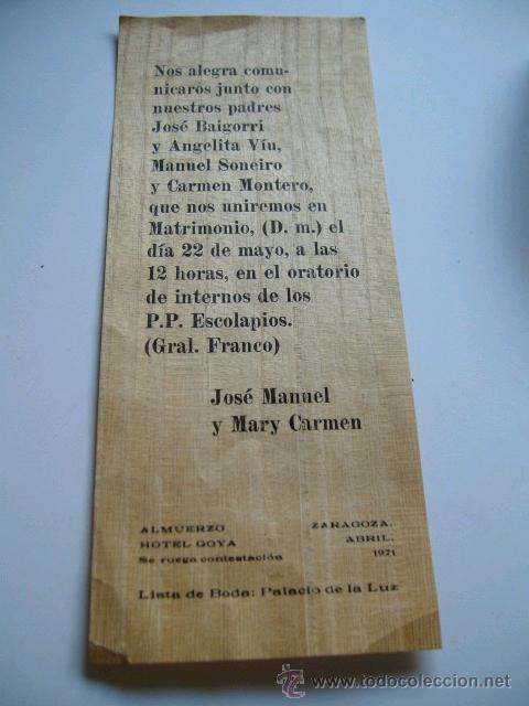 Coleccionismo: Invitaci&oacute;n de boda de Jos&eacute; Manuel y Mary Carmen (Zaragoza, Abril 1971)-PP Escolapios (Gnral. Franco)