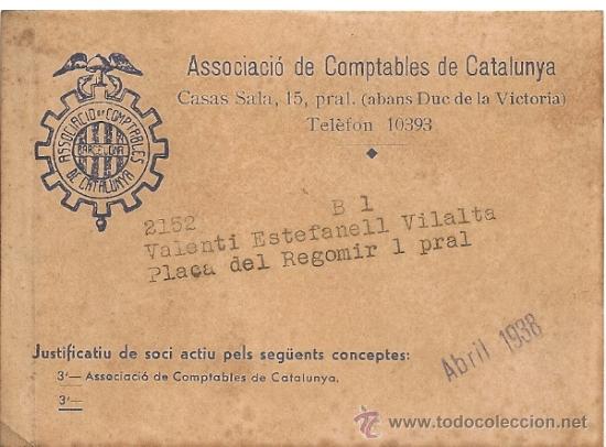 Collectionnisme: Associacio de Comptables de Catalunya. Abril 1938. 8x11cm.