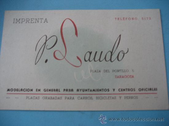Coleccionismo: Zaragoza. Tarjeta Imprenta P.Laudo. 1950.