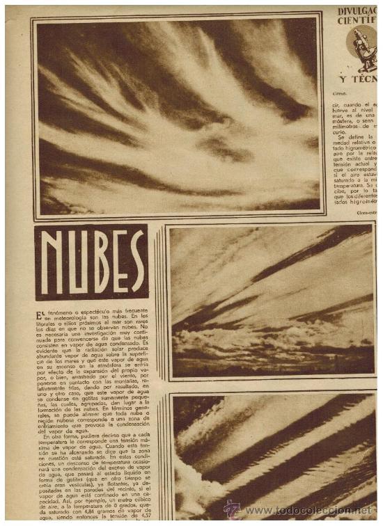 Coleccionismo: HOJAS REPORTAJE.A&Ntilde;OS 30.NUBES.METEOROLOGIA.NIEBLAS NOCIBAS.ESTRATUS.NIMBUS.CUMULOS.