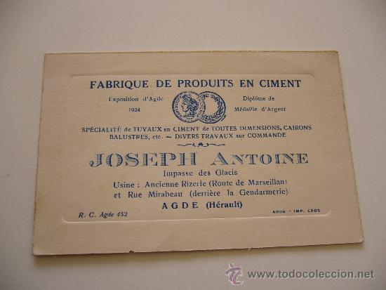 Collecting paper: Tarjeta Comercial. Joseph Antoine. Agde. Fabrique de produits en Ciment.