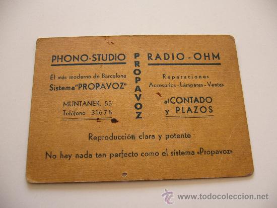 Coleccionismo: Tarjeta Comercial. Phono-Studio Radio-Ohm. Propavoz. Barcelona.