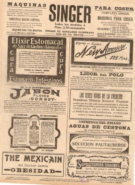 Colecionismo: RECORTE PRENSA.A&Ntilde;O 1909.PUBLICIDAD.AGUAS DE CESTONA.SUPOSITORIOS CHAUMEL.MAGNESIA BISHOP.STOMALIX.