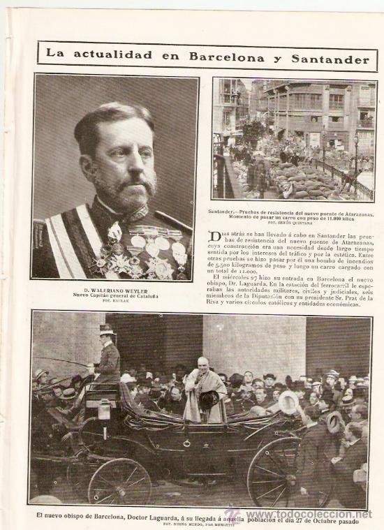 Colecionismo: RECORTE PRENSA.A&Ntilde;O 1909.SANTANDER.PUENTE DE ATARAZANAS.OBISPO BCNA DR.LAGUARDA.WALERIANO WEYLER.