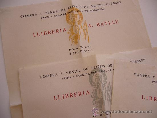 Coleccionismo: 3 Hojas de Papel. Libreria A. Batlle. Compra y venta de libros. Barcelona.