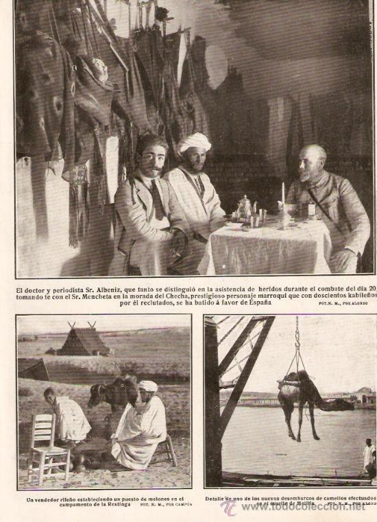 Collecting paper: RRECORTE PRENSA A&Ntilde;O 1909.GUERRA RIF.DOCTOR ALBENIZ.MENCHETADESEMBARCO DE CAMELLOS MUELLE DE MELILLA.