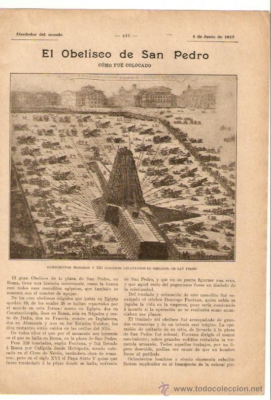 Collecting paper: HOJA REPORTAJE A&Ntilde;O 1917.COLOCACION OBELISCO DE SAN PEDRO.ROMA.MONOLITO.DOMINGO FONTANA.