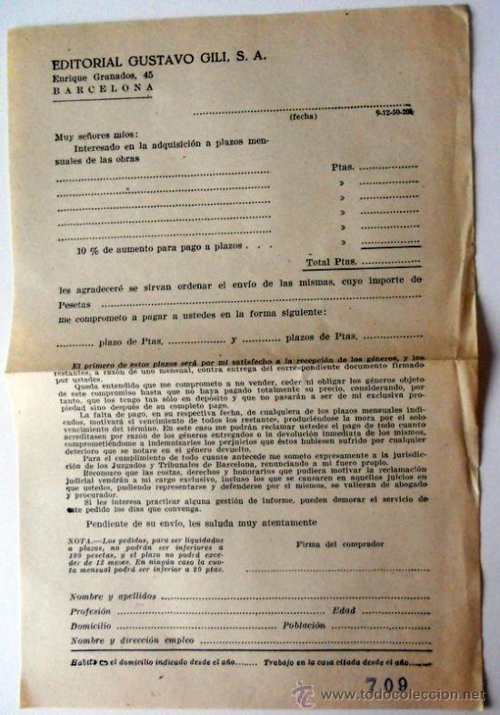 Coleccionismo: IMPRESO ANTIGUO de LIBRERIA PEDIDOS EDITORIAL GUSTAVO GILI S.A. BARCELONA.