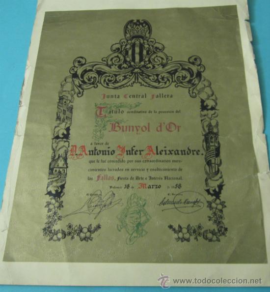 Coleccionismo: T&Iacute;TULO BUNYOL DOR. JUNTA CENTRAL FALLERA. 18-MARZO-1958. FALLAS - Foto 1