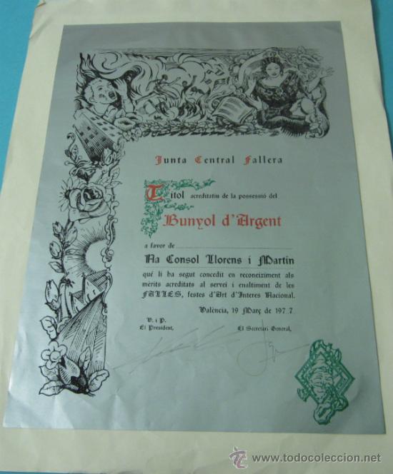 Coleccionismo: T&Iacute;TULO BUNYOL DARGENT. JUNTA CENTRAL FALLERA. 19-MARZO-1977. FALLAS - Foto 1