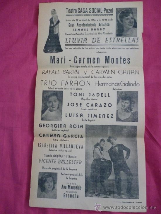 Coleccionismo: Teatro Casa Social de Puzol (Valencia): cartel de espect&aacute;culo art&iacute;stico. 1954