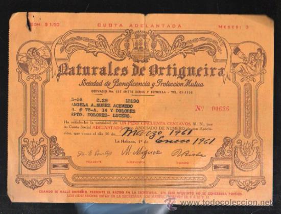 Coleccionismo: NATURALES DE ORTIGUEIRA. SOCIEDAD DE BENEFICIENCIA Y PROTECCION MUTUA. CORU&Ntilde;A. 1961. RECIBO MENSUAL